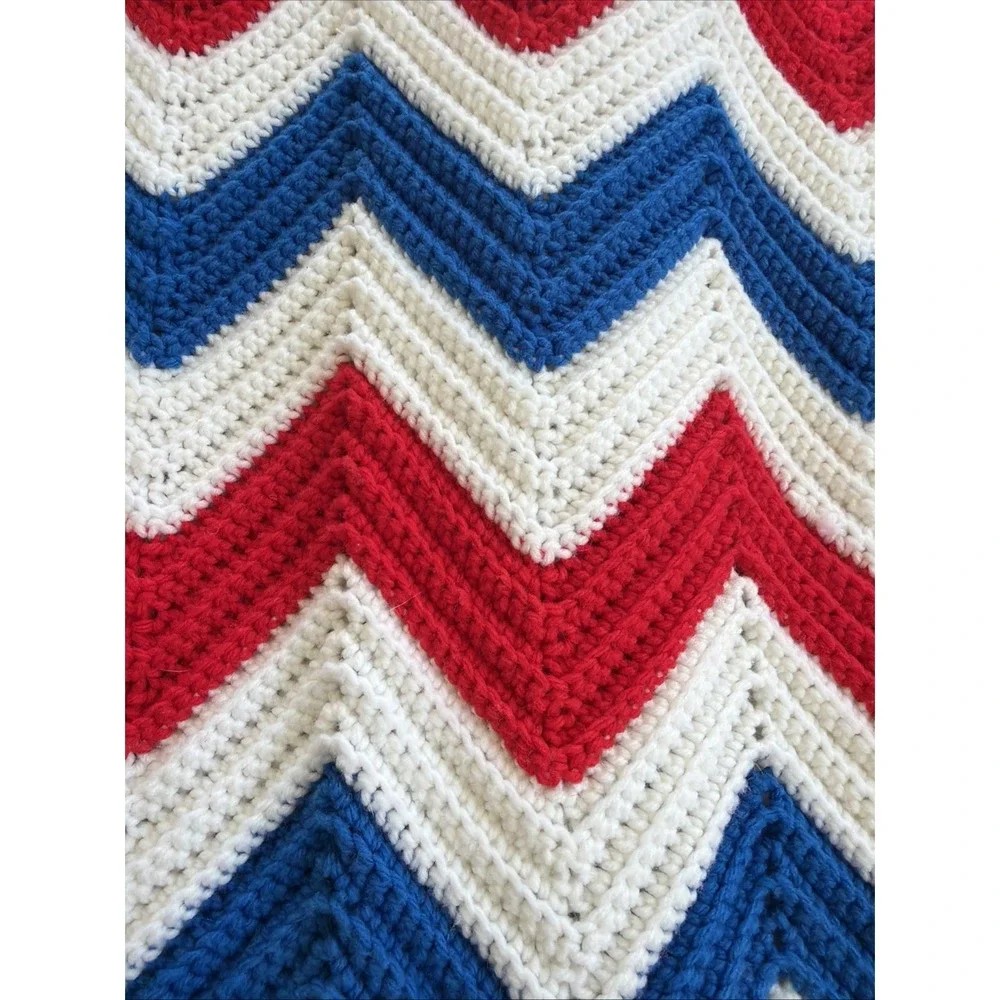 vintage hand crocheted Red White Blue Throw Blanket 39in W X 72 in L GWB002